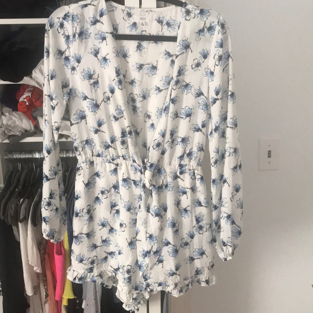 White ROMPER with blue flowers from revolve!